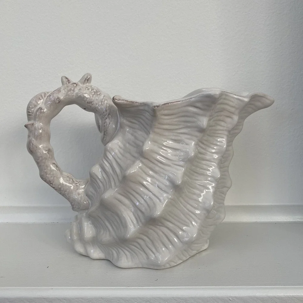Blue Sky‎ Clayworks Off-White Conch Shell Pitcher New Old Stock 2015